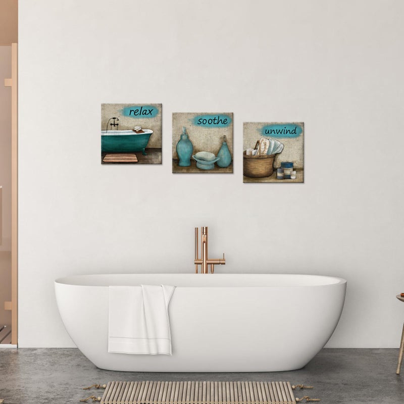 iHAPPYWALL 3 Pieces Bathroom Canvas Wall Art Teal Style Bathtub Bath Set Towel Relax Soothe Unwind Bathroom Still Life Picture Poster Print Stretched and Framed Ready To Hang - Image 2